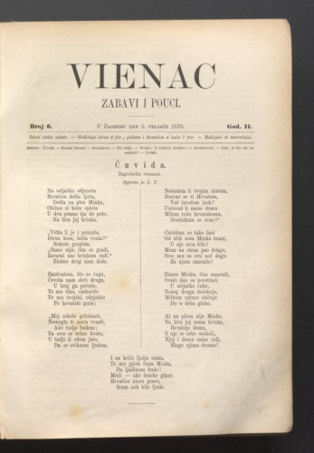 Vienac : zabavi i pouci. : 2,6(1870) / urednik Ivan Perkovac.