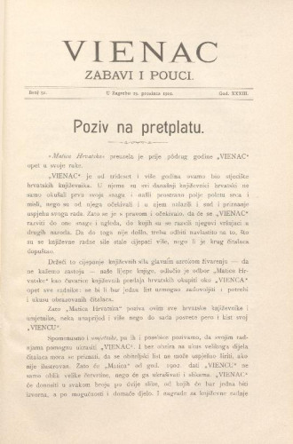 Vienac : zabavi i pouci. : 33,51(1901) / uredjuje Gjuro Arnold.