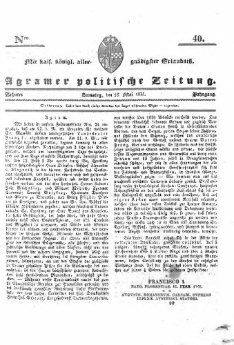 Agramer politische Zeitung : 10,40(1835) / Verlager und Redacteur Franz Stauduar und Ferd. Rosenau.