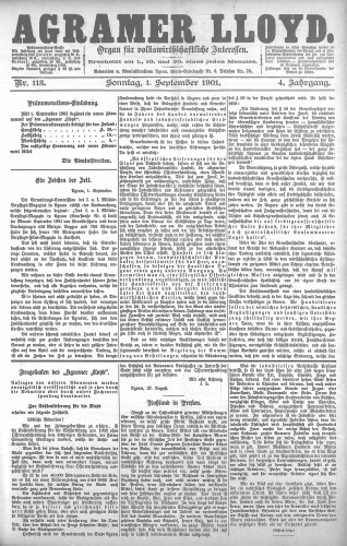 Agramer Lloyd  : organ für volkswirtschaftliche Interessen : 4,113(1901) / verantwortlicher Redacteur E. L. Blau.