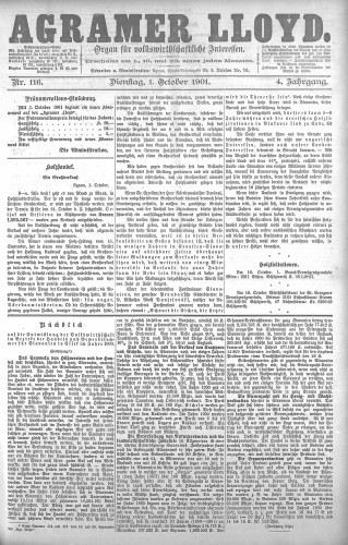 Agramer Lloyd  : organ für volkswirtschaftliche Interessen : 4,116(1901) / verantwortlicher Redacteur E. L. Blau.