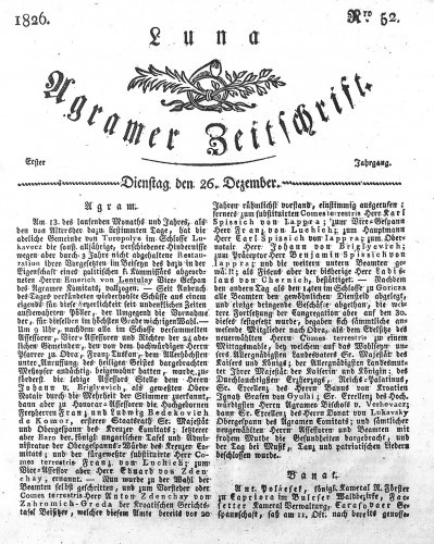 Luna Agramer Zeitschrift : 1,52(1826) / Herausgeber und Redacteurs F. S. Stauduar.