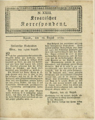 Kroatischer Korrespondent : 1,23(1789)   / [Johann Thomas].
