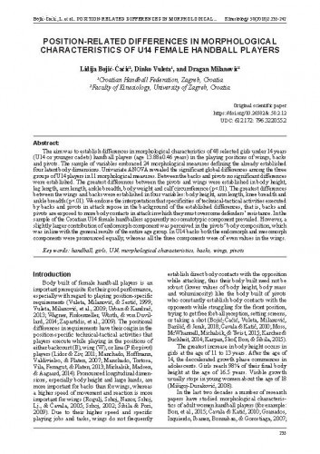 Position-related differences in morphological characteristics of U14 female handball players /Lidija Bojić-Ćaćić, Dinko Vuleta, Dragan Milanović.