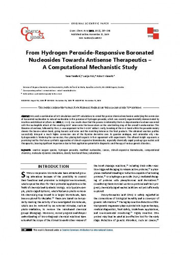 From hydrogen peroxide-responsive boronated nucleosides towards antisense therapeutics : a computational mechanistic study / Tana Tandarić, Lucija Hok, Robert Vianello.