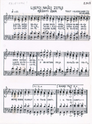 Lijepoj našoj zemlji : mješoviti zbor / tekst i glazba Dinko Fio.