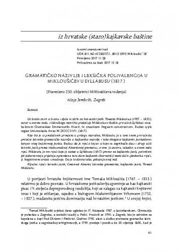 Gramatičko nazivlje i leksička polivalencija u Mikloušićevu Syllabusu (1817.) (posvećeno 250. obljetnici Mikloušićeva rođenja) / Alojz Jembrih.