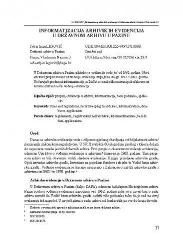 Informatizacija arhivskih evidencija u Državnom arhivu u Pazinu / Sebastijan Legović.