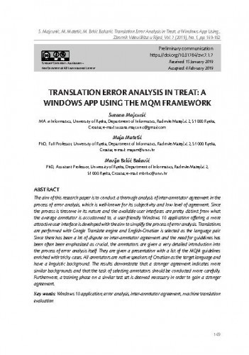 Translation error analysis in TREAT : a Windows app using the MQM framework / Suzana Majcunić, Maja Matetić, Marija Brkić Bakarić.