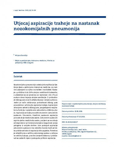 Utjecaj aspiracije traheje na nastanak nozokomijalnih pneumonija / Mirjana Saratlija.