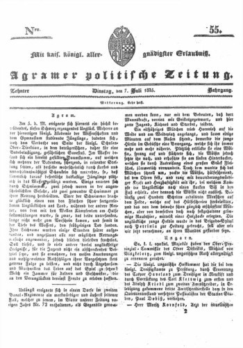Agramer politische Zeitung : 10,55(1835) / Verlager und Redacteur Franz Stauduar und Ferd. Rosenau.