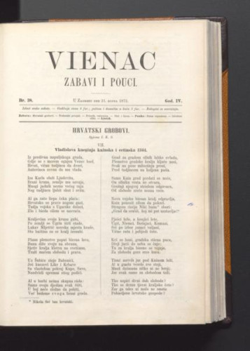 Vienac : zabavi i pouci. : 4,38(1872) / urednik Franjo Marković.