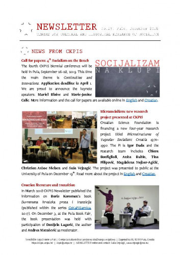 Newsletter : 26(2018) / Centre for Cultural and Historical Research of Socialism = Centar za kultorološka i povijesna istraživanja socijalizma ; editor Saša Vejzagić.