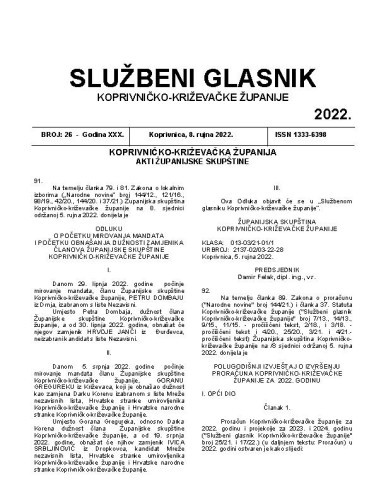 Službeni glasnik Koprivničko-križevačke županije : 30,26 (2022)   / glavni i odgovorni urednik Marina Jakšić.