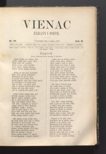 Vienac : zabavi i pouci. : 2,23(1870) / urednik Ivan Perkovac.