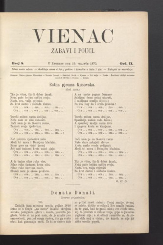 Vienac : zabavi i pouci. : 2,8(1870) / urednik Ivan Perkovac.