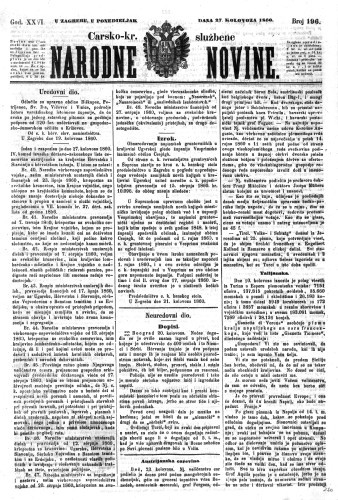 Carsko-kr. službene narodne novine : 26,196(1860)  / odgovorni učrednik Dr. Demeter.