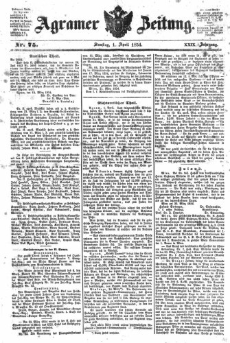 Agramer Zeitung : 29,75(1854) / für die Redaktion verantwortlich Ivan Sonvan. 