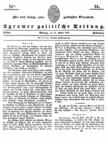 Agramer politische Zeitung : 11,34(1836) / Verlager und Redacteur Franz Stauduar und Ferd. Rosenau.