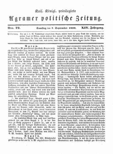 Agramer politische Zeitung : 14,72(1839) / Verlager und Redacteur Franz Stauduar und Ferdinand Rosenau.