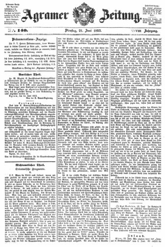 Agramer Zeitung : 28,140(1853) / Redakteur und Verleger F. S. Stauduar.