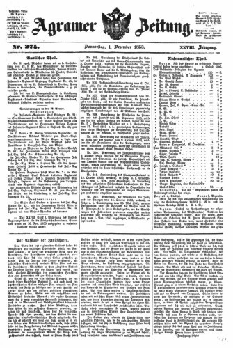 Agramer Zeitung : 28,275(1853) / Redakteur und Verleger F. S. Stauduar.