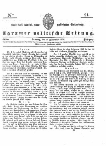 Agramer politische Zeitung : 11,91(1836) / Verlager und Redacteur Franz Stauduar und Ferd. Rosenau.