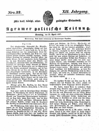 Agramer politische Zeitung : 12,32(1837) / Verlager und Redacteur Franz Stauduar und Ferd. Rosenau.
