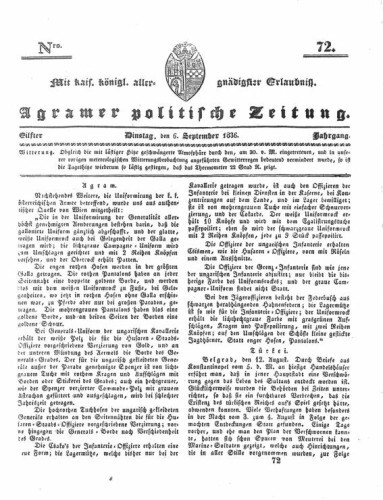 Agramer politische Zeitung : 11,72(1836) / Verlager und Redacteur Franz Stauduar und Ferd. Rosenau.
