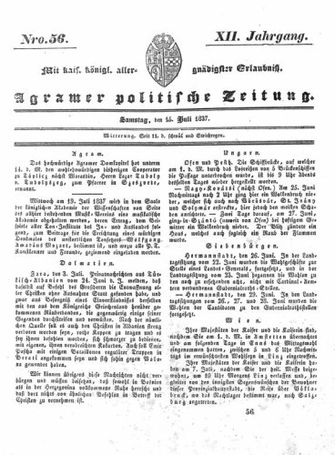 Agramer politische Zeitung : 12,56(1837) / Verlager und Redacteur Franz Stauduar und Ferd. Rosenau.
