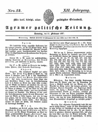 Agramer politische Zeitung : 12,12(1837) / Verlager und Redacteur Franz Stauduar und Ferd. Rosenau.