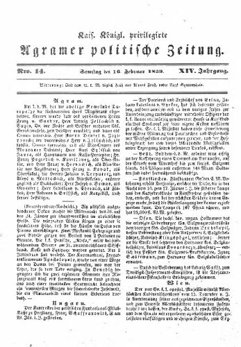 Agramer politische Zeitung : 14,14(1839) / Verlager und Redacteur Franz Stauduar und Ferdinand Rosenau.