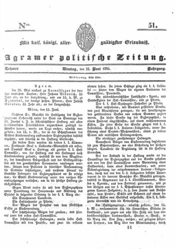 Agramer politische Zeitung : 10,51(1835) / Verlager und Redacteur Franz Stauduar und Ferd. Rosenau.