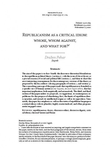 Republicanism as a critical idiom : whose, whom against, and what for? / Dražen Pehar.