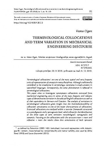 Terminological collocations and term variation in mechanical engineering discourse /Vesna Cigan.
