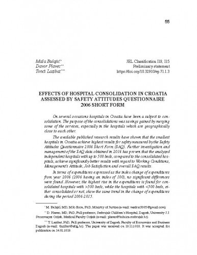 Effects of hospital consolidation in Croatia assessed by safety attitudes questionnaire 2006 short form / Maša Bulajić, Davor Plavec, Tonći Lazibat.