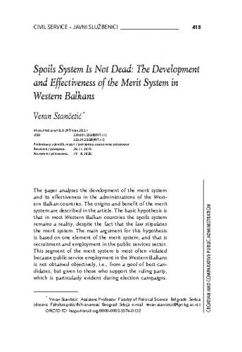 Spoils system is not dead : the development and effectiveness of the merit system in Western Balkans / Veran Stančetić.
