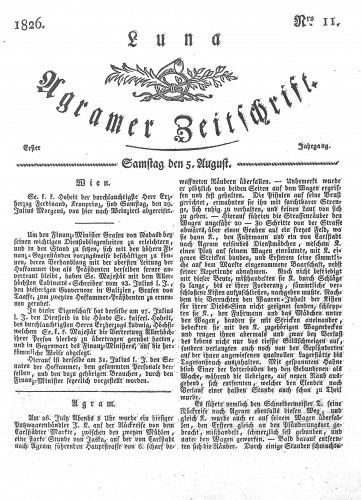 Luna Agramer Zeitschrift : 1,11(1826) / Herausgeber und Redacteurs F. S. Stauduar.