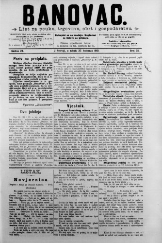 Banovac  : list za pouku, trgovinu, obrt i gospodarstvo : 23,35(1910) / odgovorni urednik Dragutin Benko.