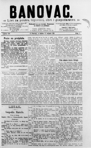 Banovac  : list za pouku, trgovinu, obrt i gospodarstvo : 24,7(1911) / odgovorni urednik Dragutin Benko.