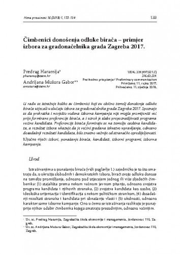 Čimbenici donošenja odluke birača primjer izbora za gradonačelnika grada Zagreba 2017. / Predrag Haramija, Andrijana Mušura Gabor.