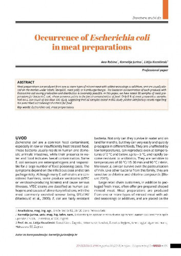 Occurrence of Escherichia coli in meat preparations   / Ana Robina, Kornelija Jurina, Lidija Kozačinski.