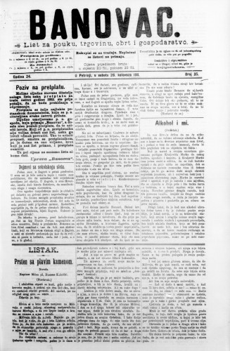 Banovac  : list za pouku, trgovinu, obrt i gospodarstvo : 24,35(1911) / odgovorni urednik Dragutin Benko.