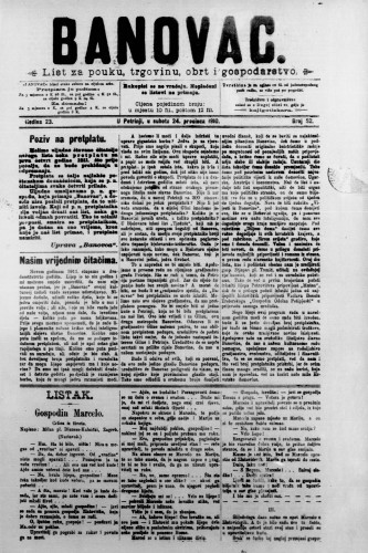 Banovac  : list za pouku, trgovinu, obrt i gospodarstvo : 23,52(1910) / odgovorni urednik Dragutin Benko.
