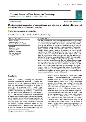 Physicochemical properties of pregelatinized and microwave radiated white and red cocoyam (Colocasia esculenta) starches / Stephen Olanrewaju Arinola.