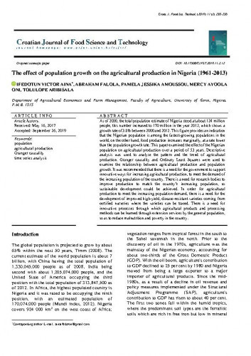 The effect of population growth on the agricultural production in Nigeria (1961-2013) / Ifedotun Victor Aina, Abraham Falola, Pamela Jessika Amoussou, Mery Ayoola Oni, Tolulope Aribisala.