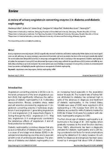 A review of urinary angiotensin converting enzyme 2 in diabetes and diabetic nephropathy / Akankwasa Gilbert, Jianhua Liu, Guixue Cheng, Changjuan An, Kabuye Deo, Abalinda Mary Gorret, Xiaosong Qin.