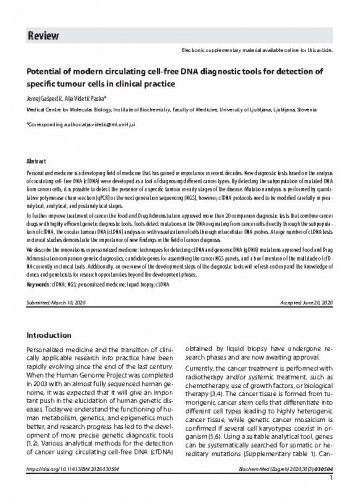 Potential of modern circulating cell-free DNA diagnostic tools for detection of specific tumour cells in clinical practice / Jernej Gašperšič, Alja Videtič Paska.