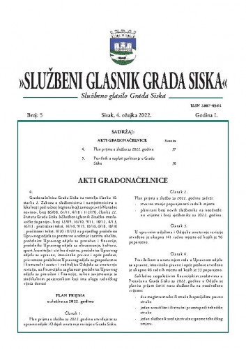 Službeni glasnik Grada Siska : službeno glasilo Grada Siska : 1,5(2022) / uredništvo Gordana Karapandža Prica ... [et al.].