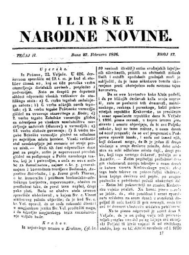 Ilirske narodne novine : 2,17(1836)   / [urednik Ljudevit Gaj].